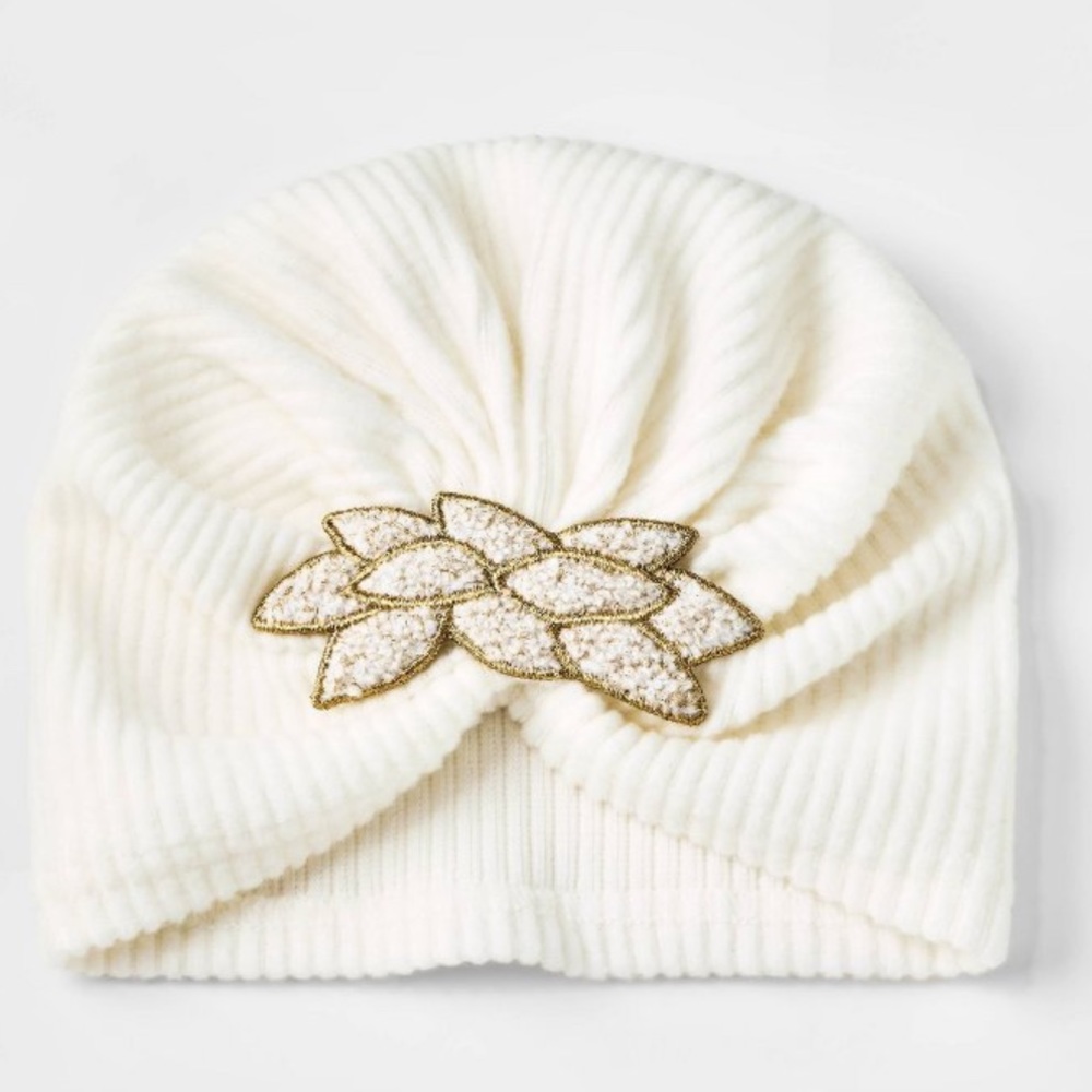 Cat & Jack Baby Leaf Beanie - Cream with gold & cream beaded deatailing